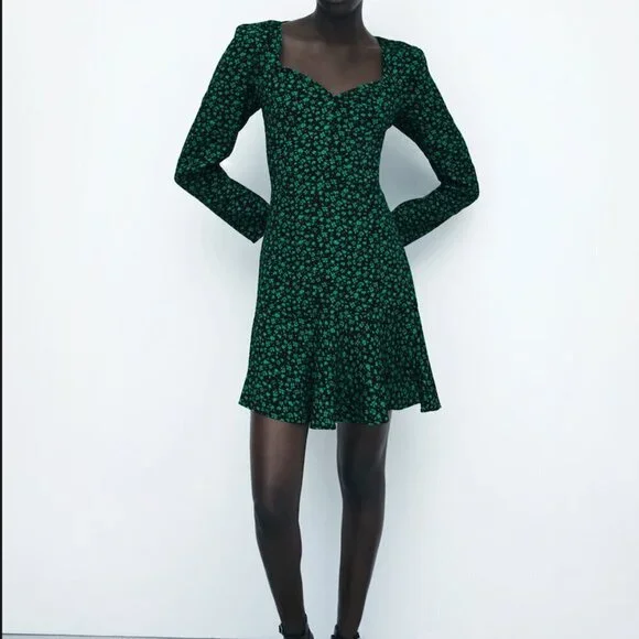 Zara Floral Print Sweetheart Neckline Long Sleeves Mini Dress Black Green Size S - Picture 6 of 6